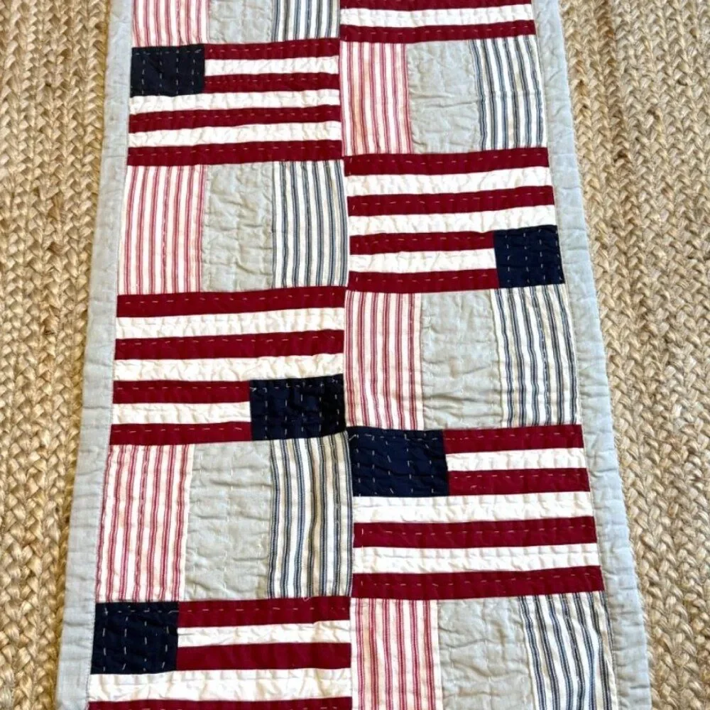 Pottery Barn Quilted Table Runner U.S. Flag 93 x 18 Red White & Blue Reversible